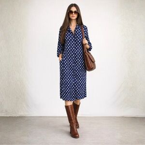 Vintage VTG Bill Berman Navy Blue Ikat Button Down Women's Midi Dress